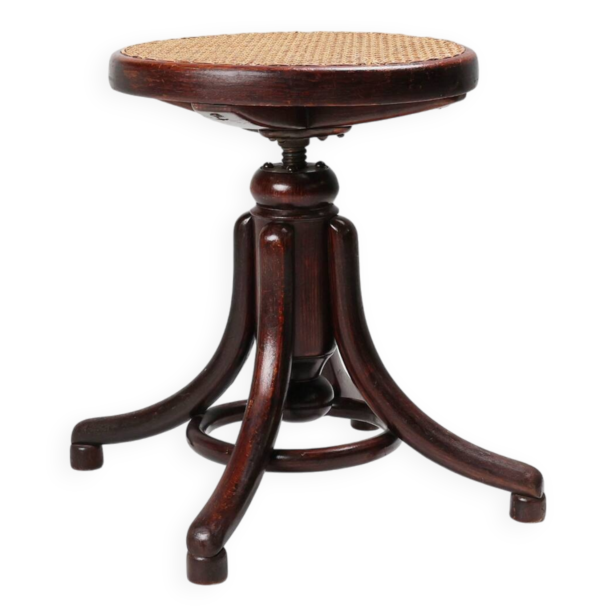 Tabouret de piano Thonet en bois de hêtre courbé avec assise en rotin, Autriche vers 1900