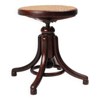 Tabouret de piano Thonet en bois de hêtre courbé avec assise en rotin, Autriche vers 1900