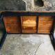 Black pietement farm table - metal strapping - turned feet - 20th century