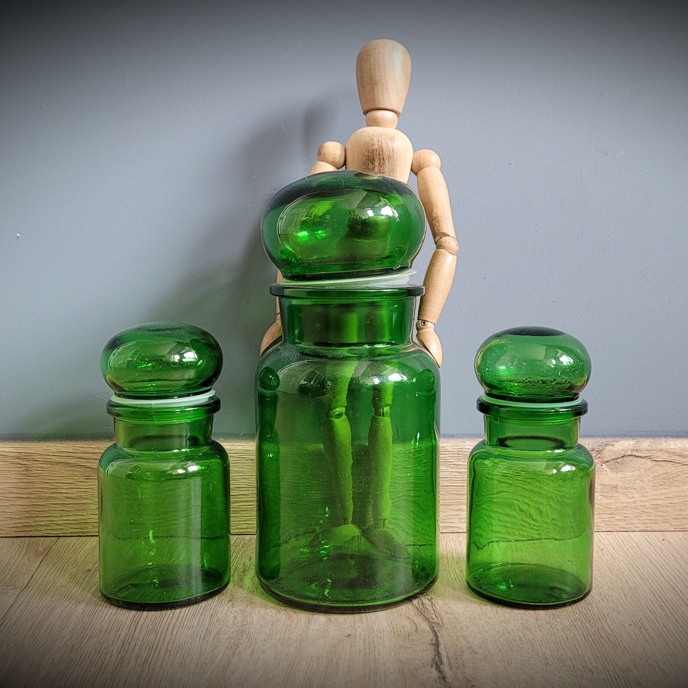 Trio green apothecary vials