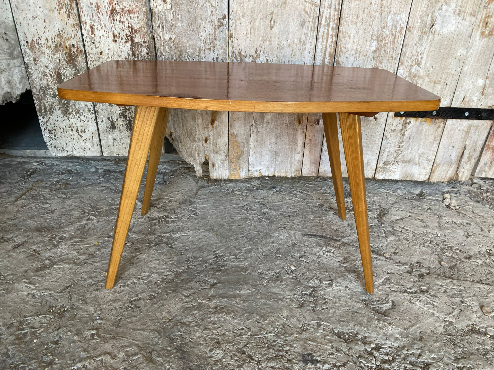 Table Basse Ancienne Scandinave Bois Pieds Compas Années 60 Vintage #E