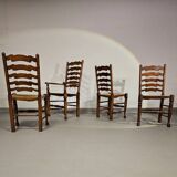 4 chaises à dossier échelle / 1 accoudoir / avec coussins en jonc