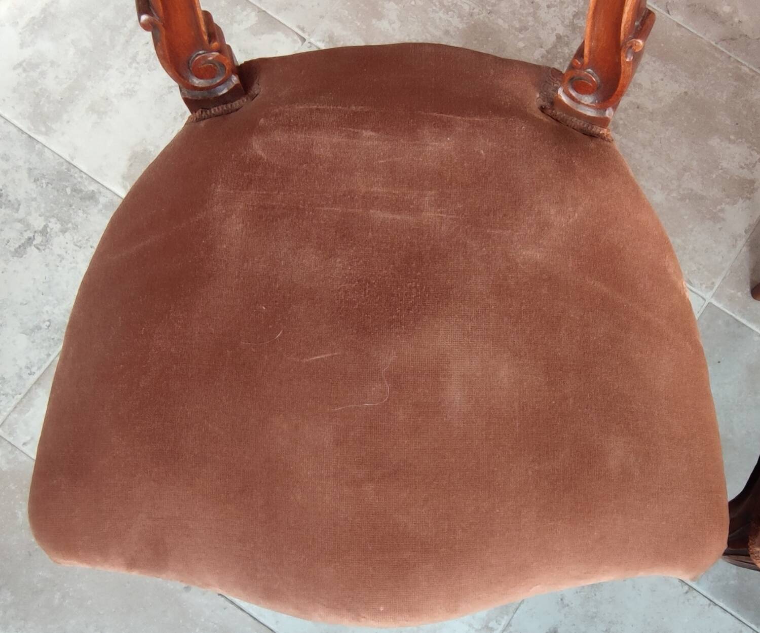 Pair of Old Rockery Chairs with Velvet/Carved Wood Seats