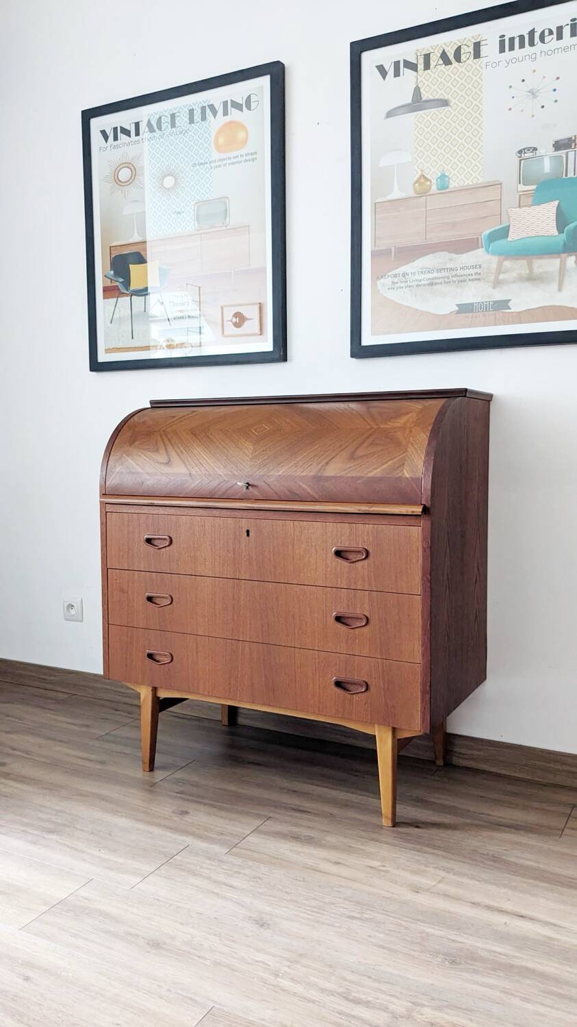 Bureau secrétaire à cylindre teck midcentury