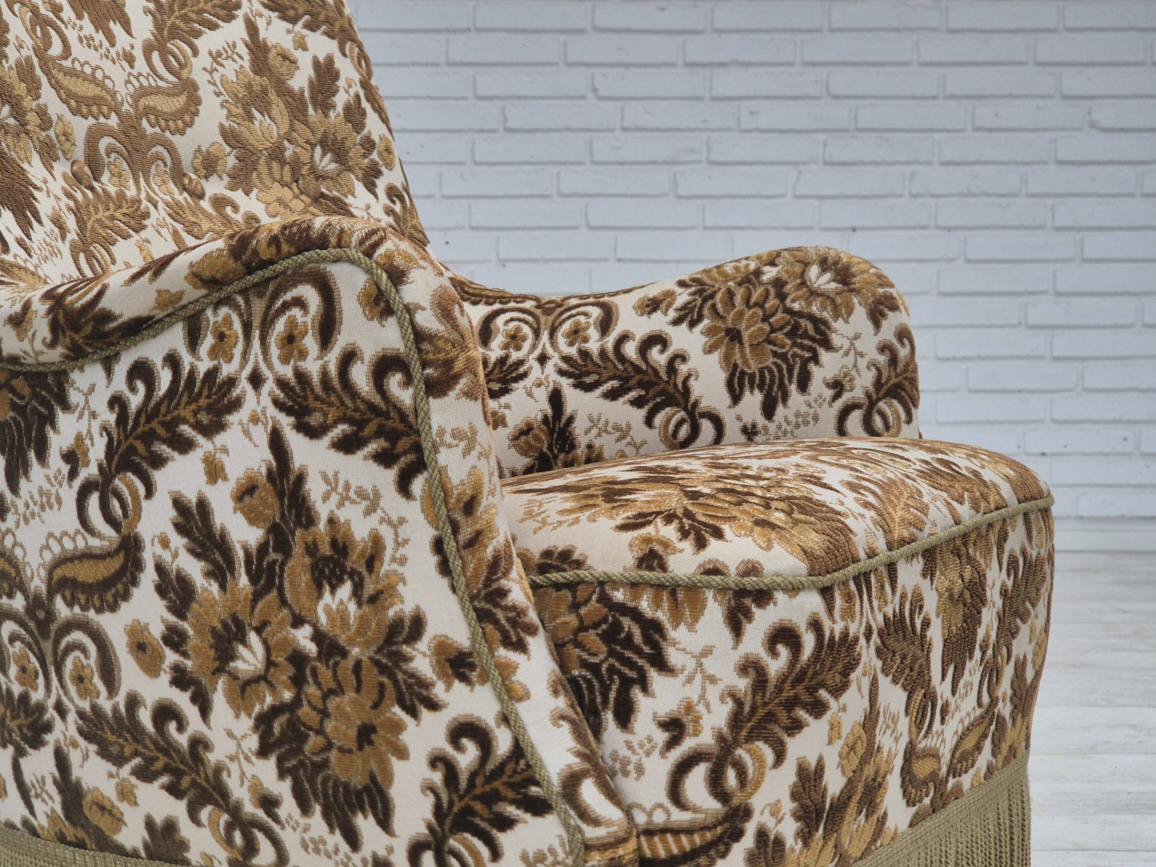 1960s, Danish highback armchair, furniture velour fabric, ash wood.