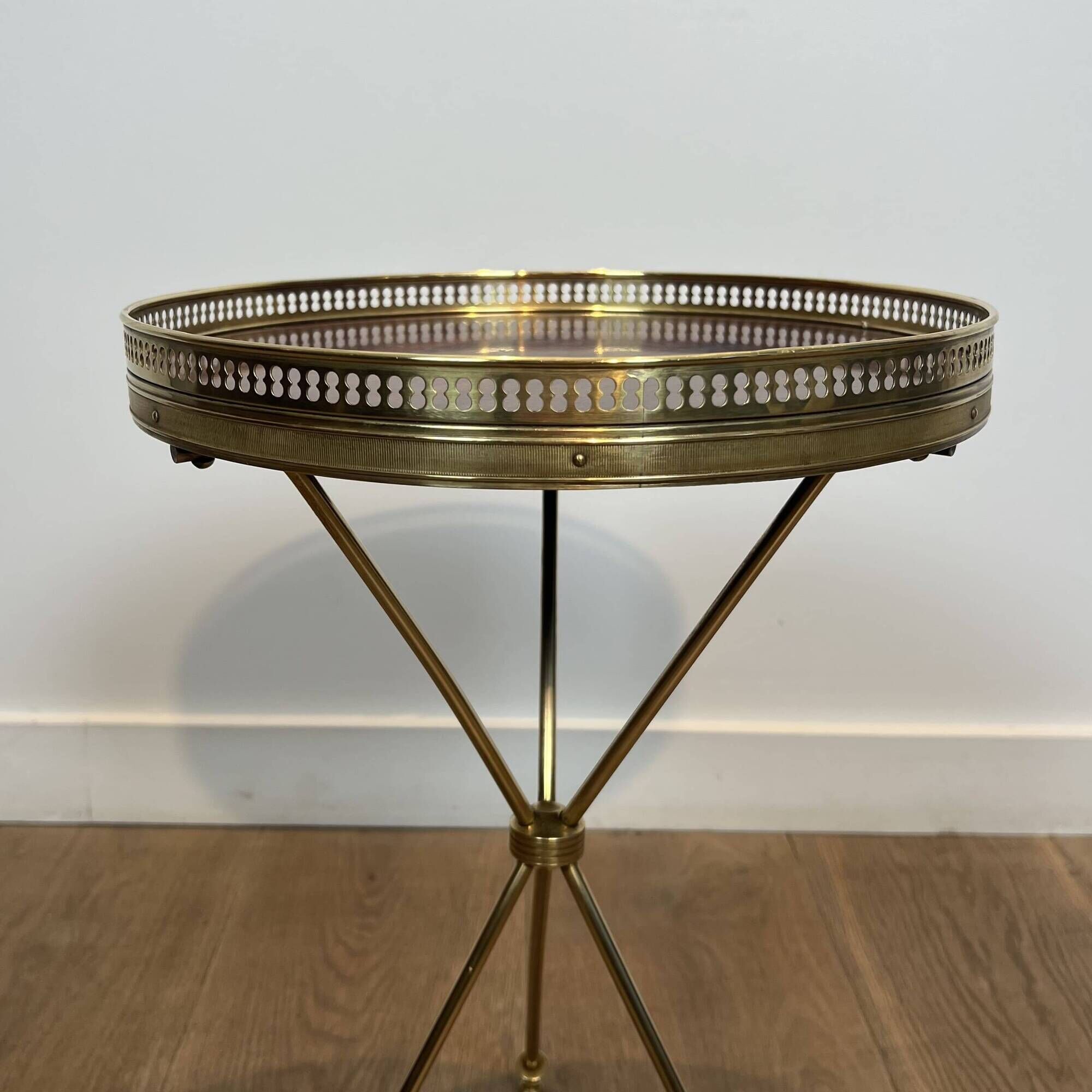 Tripod Side Table in Brass with Mahogany Top and Openwork Gallery. St. Trava