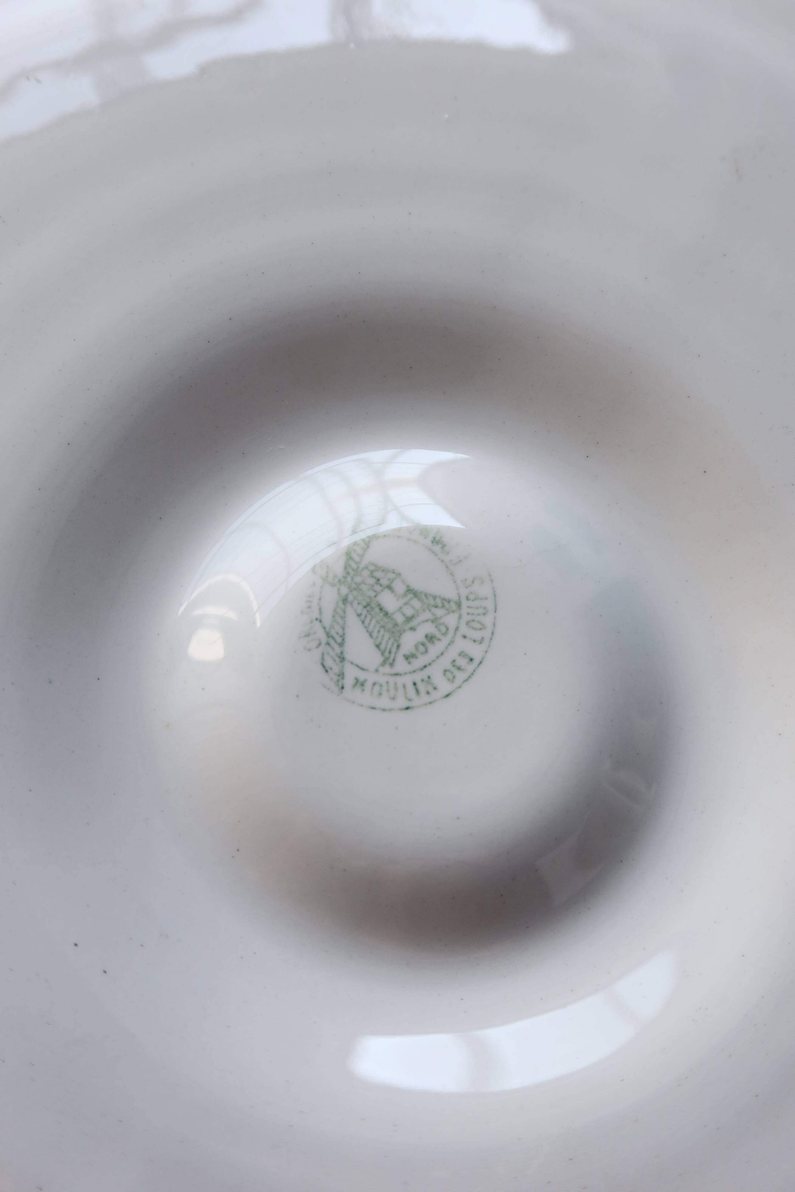 6 vintage Moulin des Loups earthenware oyster plates in shades of blue and grey