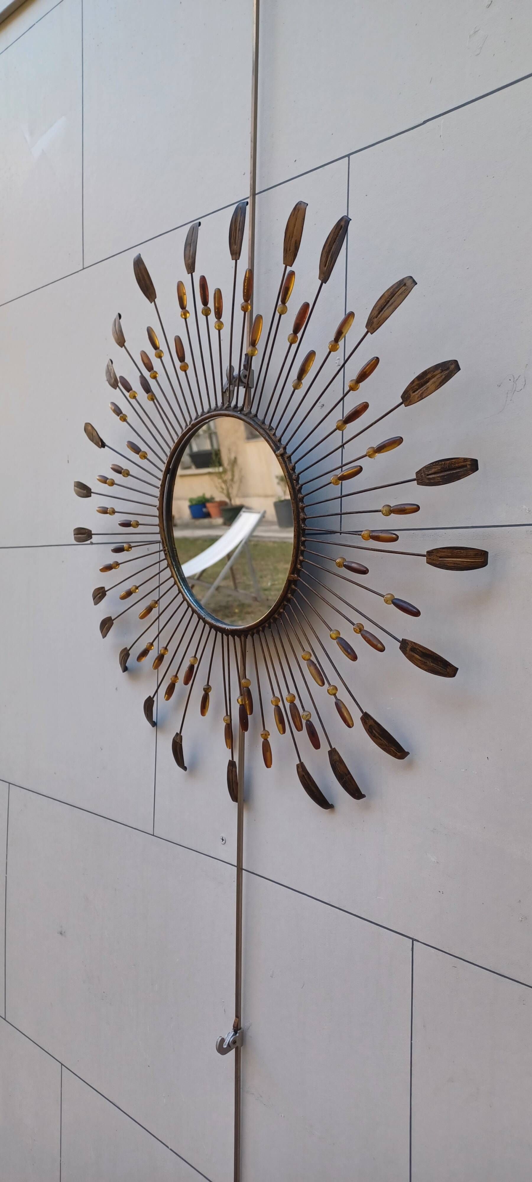 Sun mirror in line vautrin style with metal and coloured plastic beads