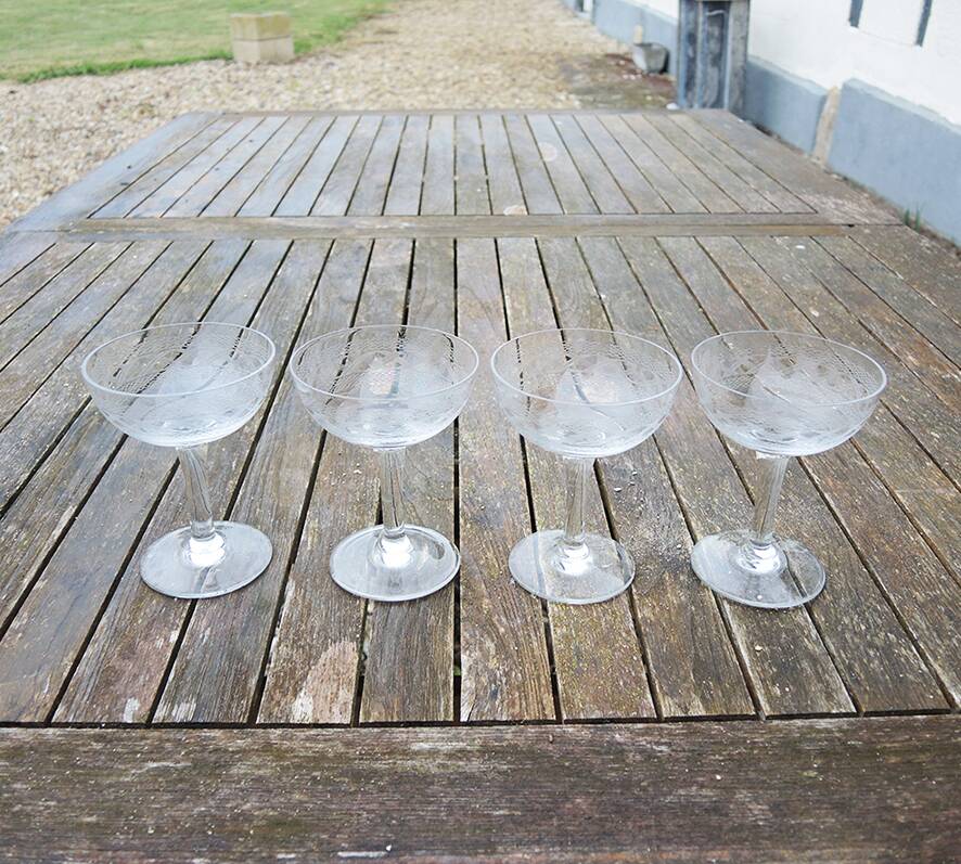 4 Antique Glass Champagne Coupes with Ribbon Pattern