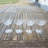 4 Antique Glass Champagne Coupes with Ribbon Pattern