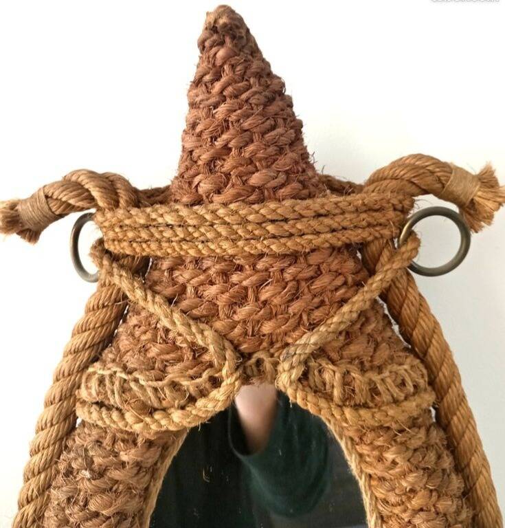 Audoux Minet vintage rope and leather designer mirror, 1950s