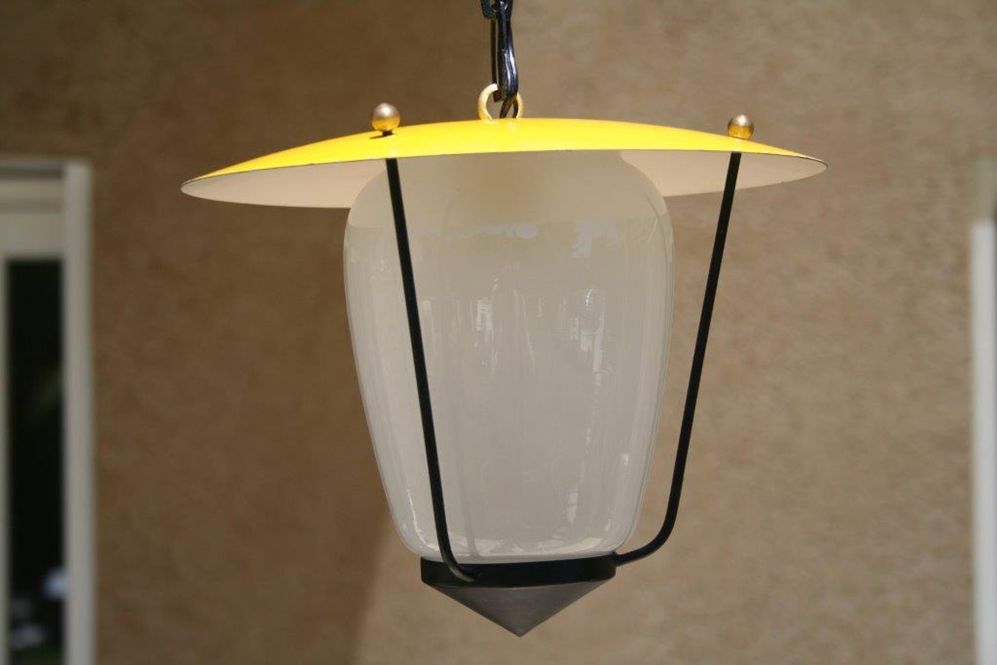 Vintage hanging lamp lampion, glass and metal years 1950