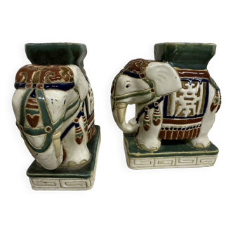 Pair of ceramic elephant plant stands polychrome sculpture - India