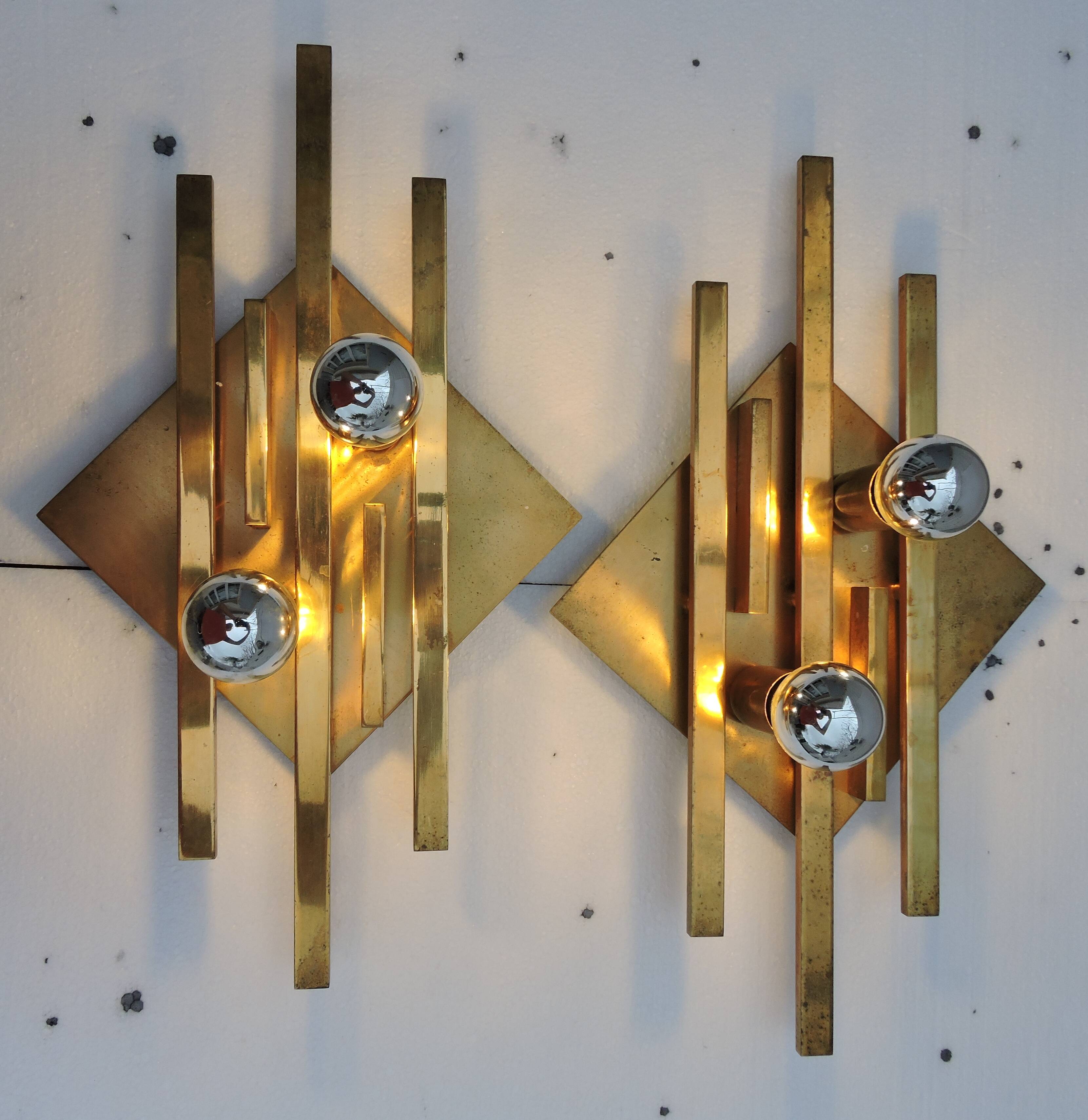 Pair of vintage geometric brass wall lamps