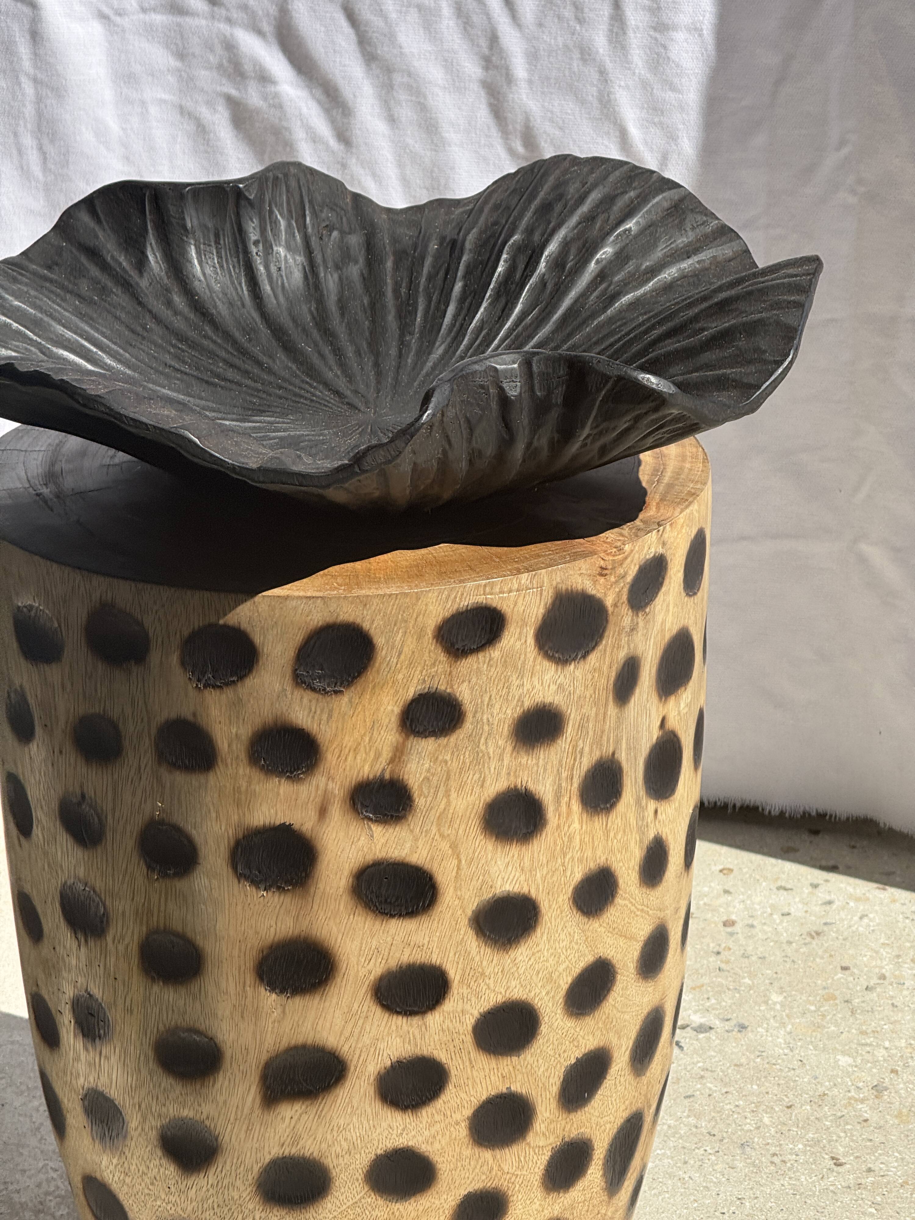 Stool, side table, cylindrical solid mango wood end table.