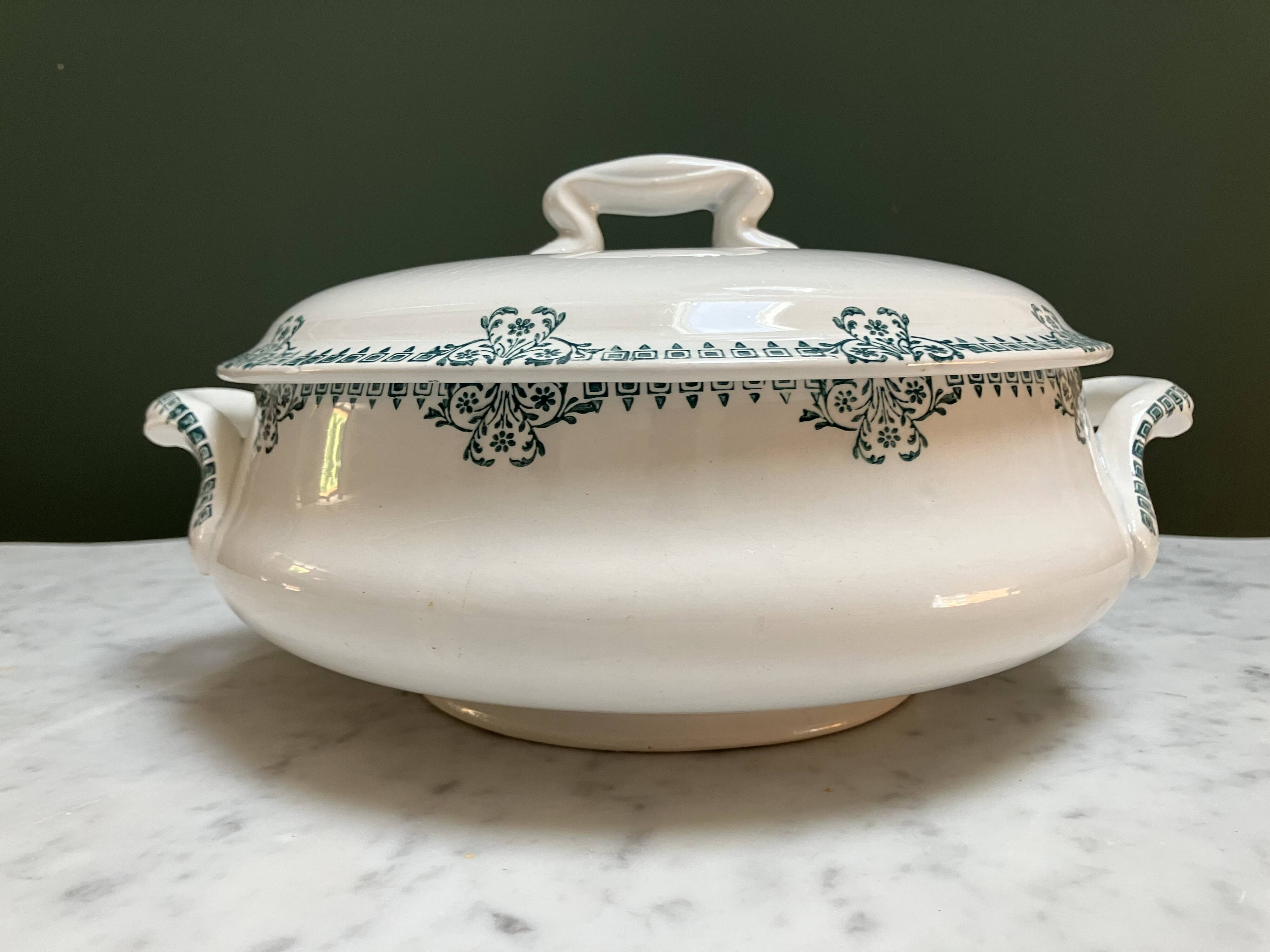 Ironstone tureen - delightful green stylized floral decoration
