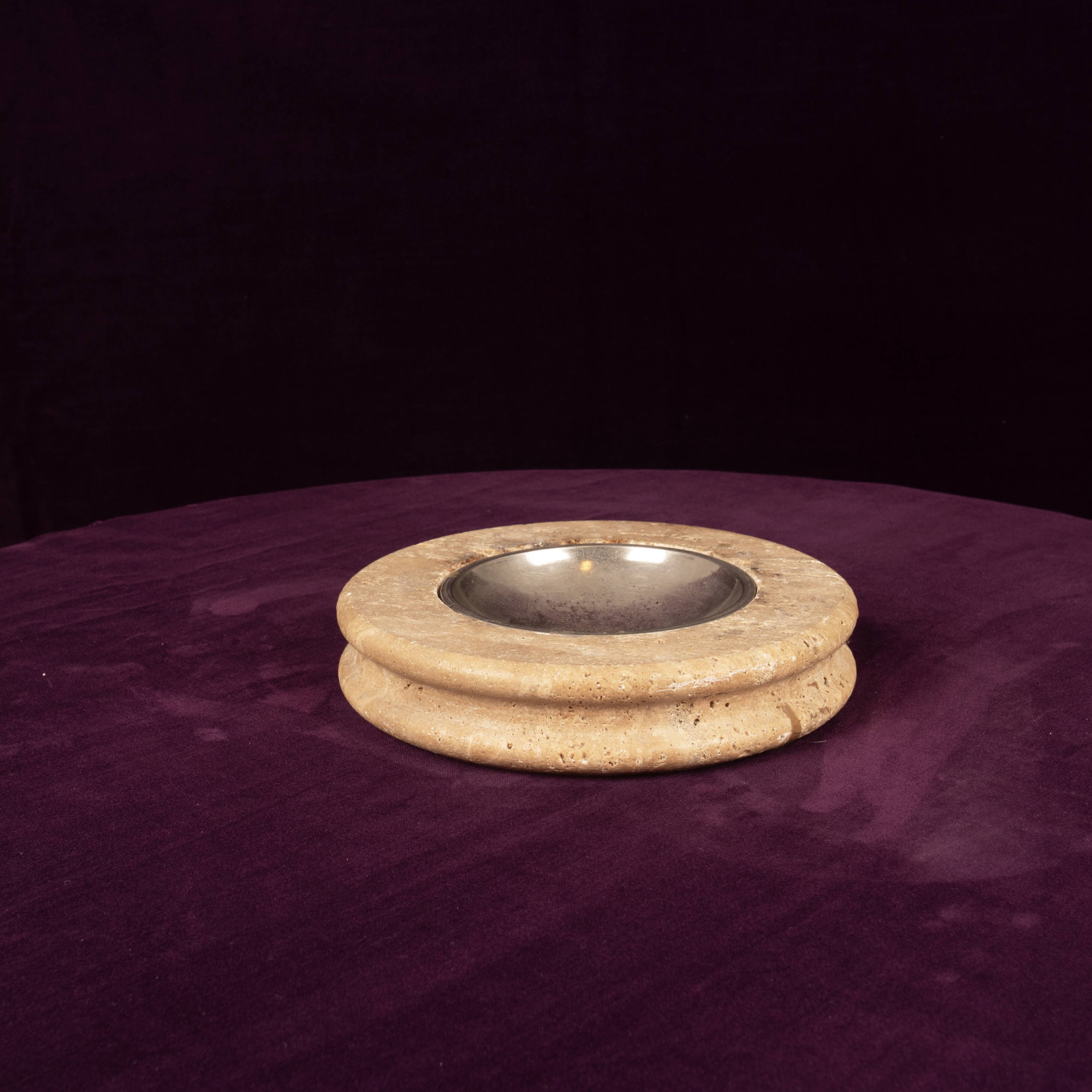 Round Italian Travertine Ashtray with Removable Metal Dish 1970