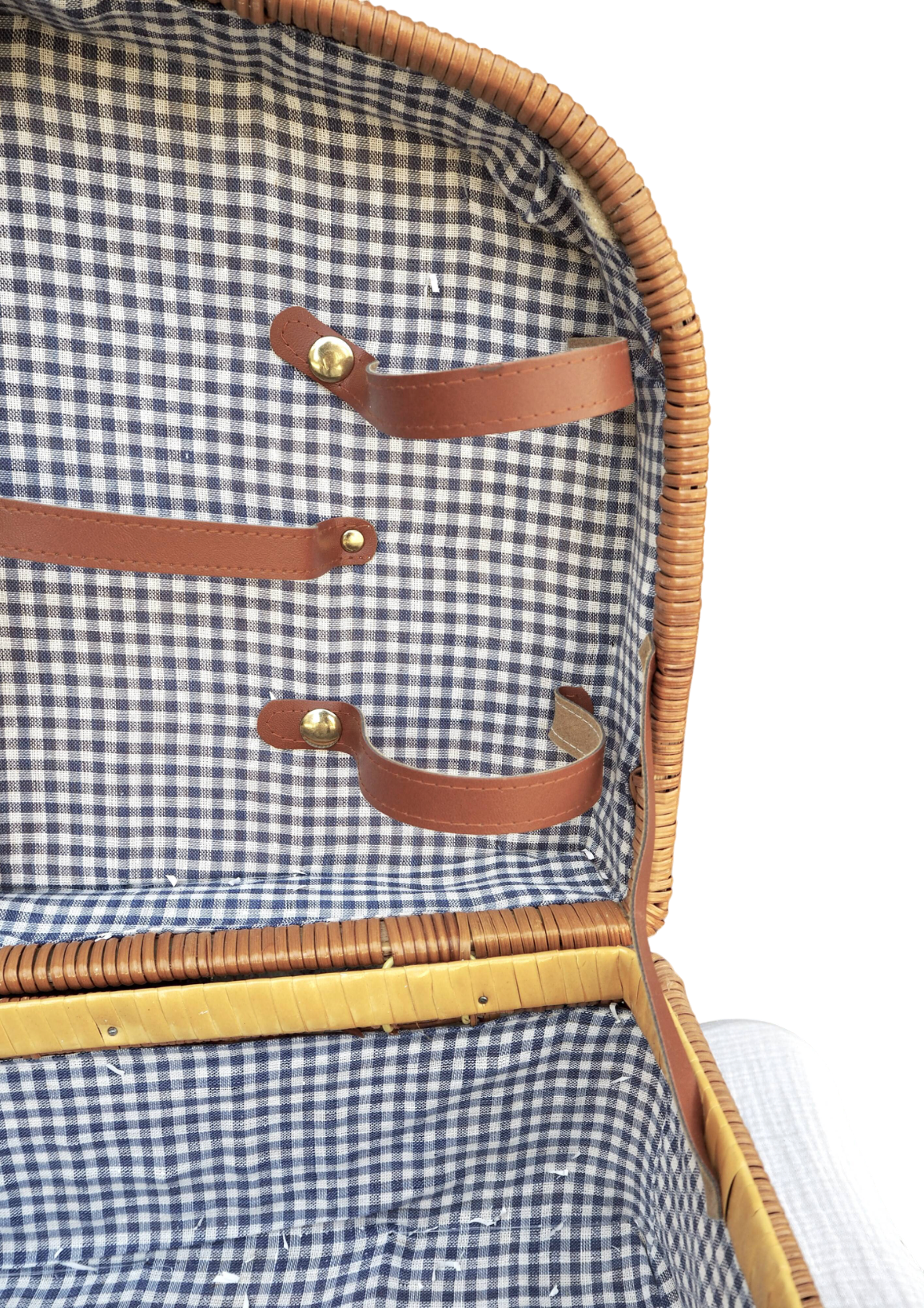 Wicker picnic basket, blue gingham interior.