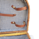 Wicker picnic basket, blue gingham interior.