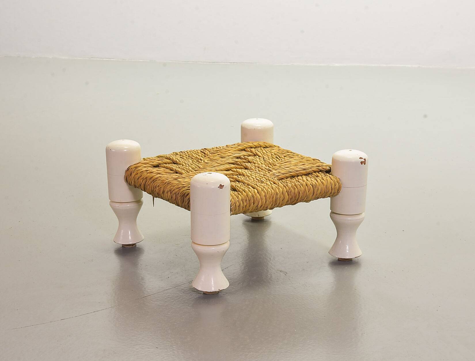 Charlotte Perriand Style Low Seat White Wicker Oak Lounge Chair and Stool