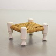 Charlotte Perriand Style Low Seat White Wicker Oak Lounge Chair and Stool