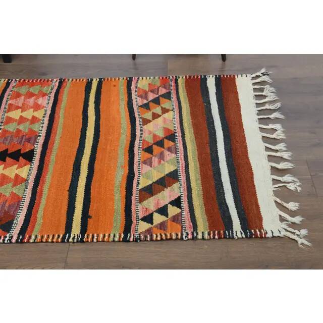 Vintage Turkish Oushak Handmade Wool Cotton Orange Runner Rug 97x315