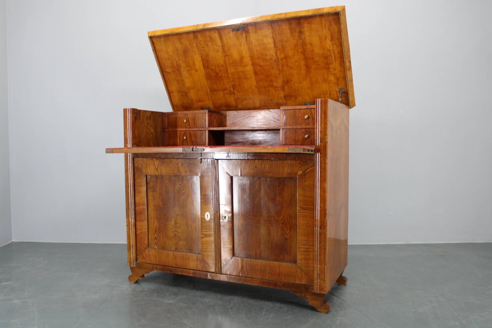 1930s Antique Cabinet with Writing Area in Walnut Finish ,Czechoslovakia