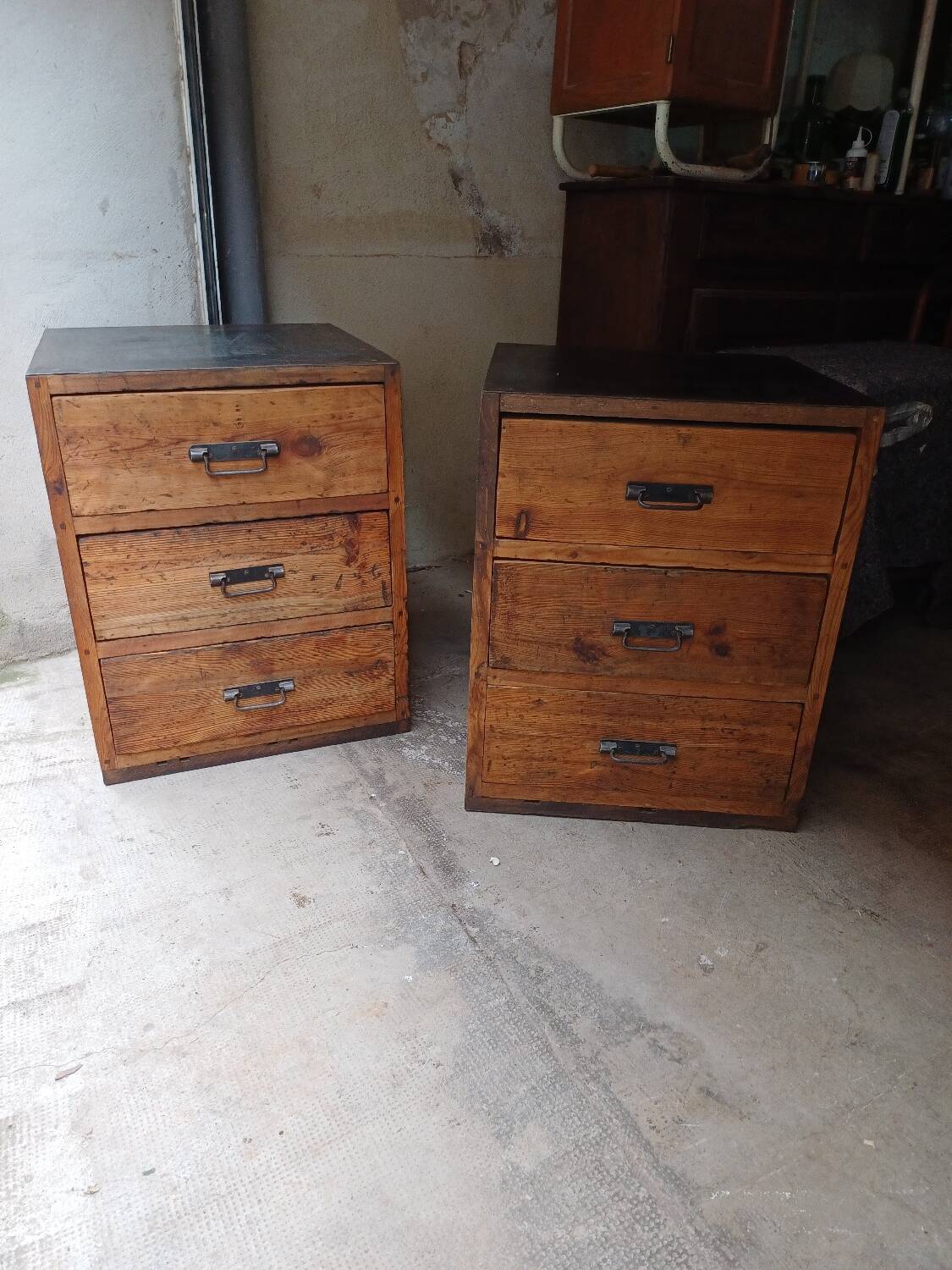 Pair of workshop furniture, solid wood, metal top 1930, 1950