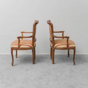 Pair of Parisian-style armchairs in wood with striped fabric armrests, vintage