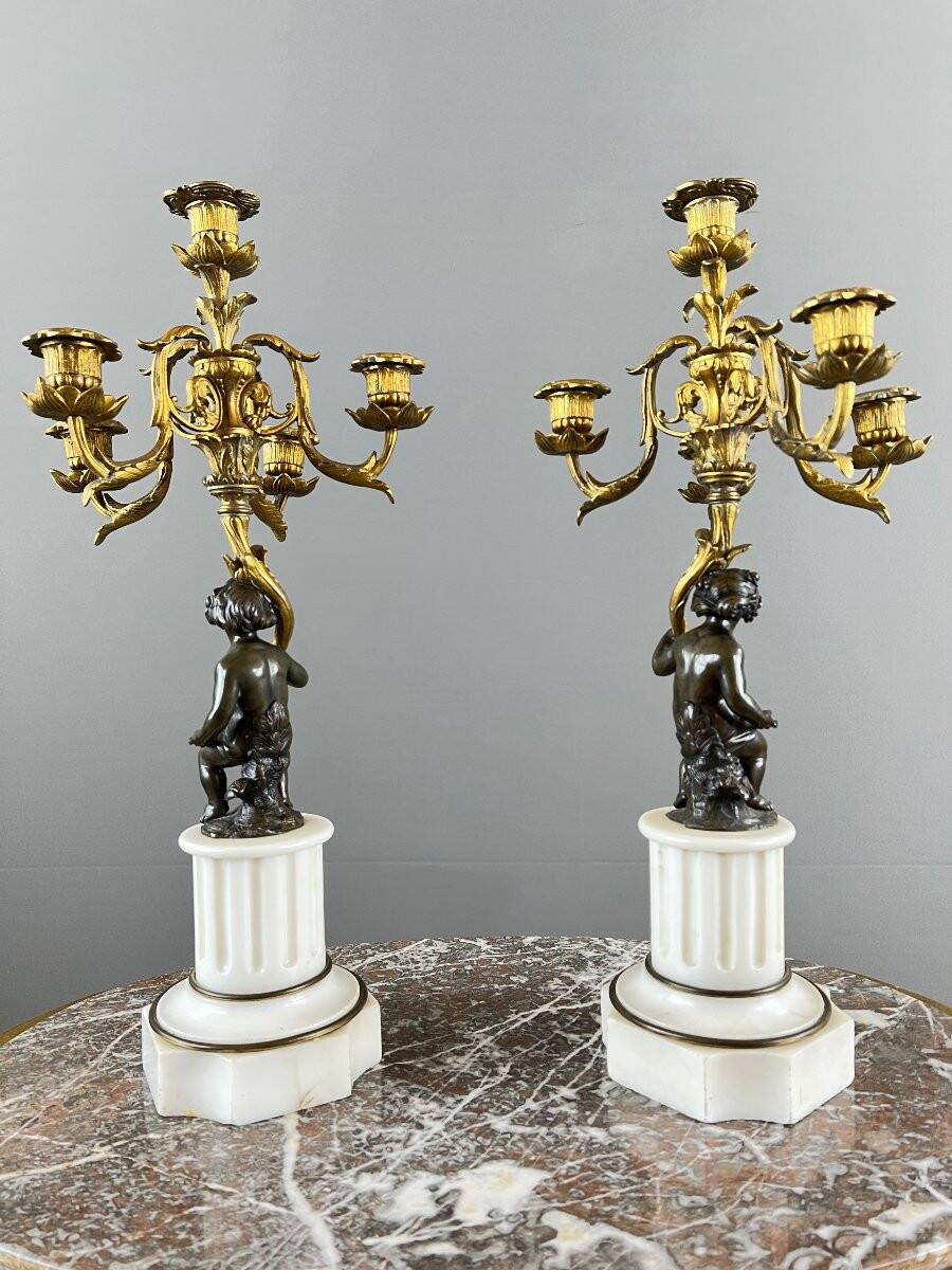 Pair of bronze and marble candelabra, Napoleon III period