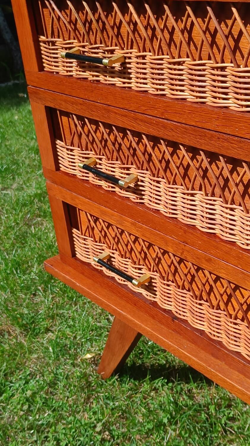 Rattan and wood splayed-leg chest of drawers