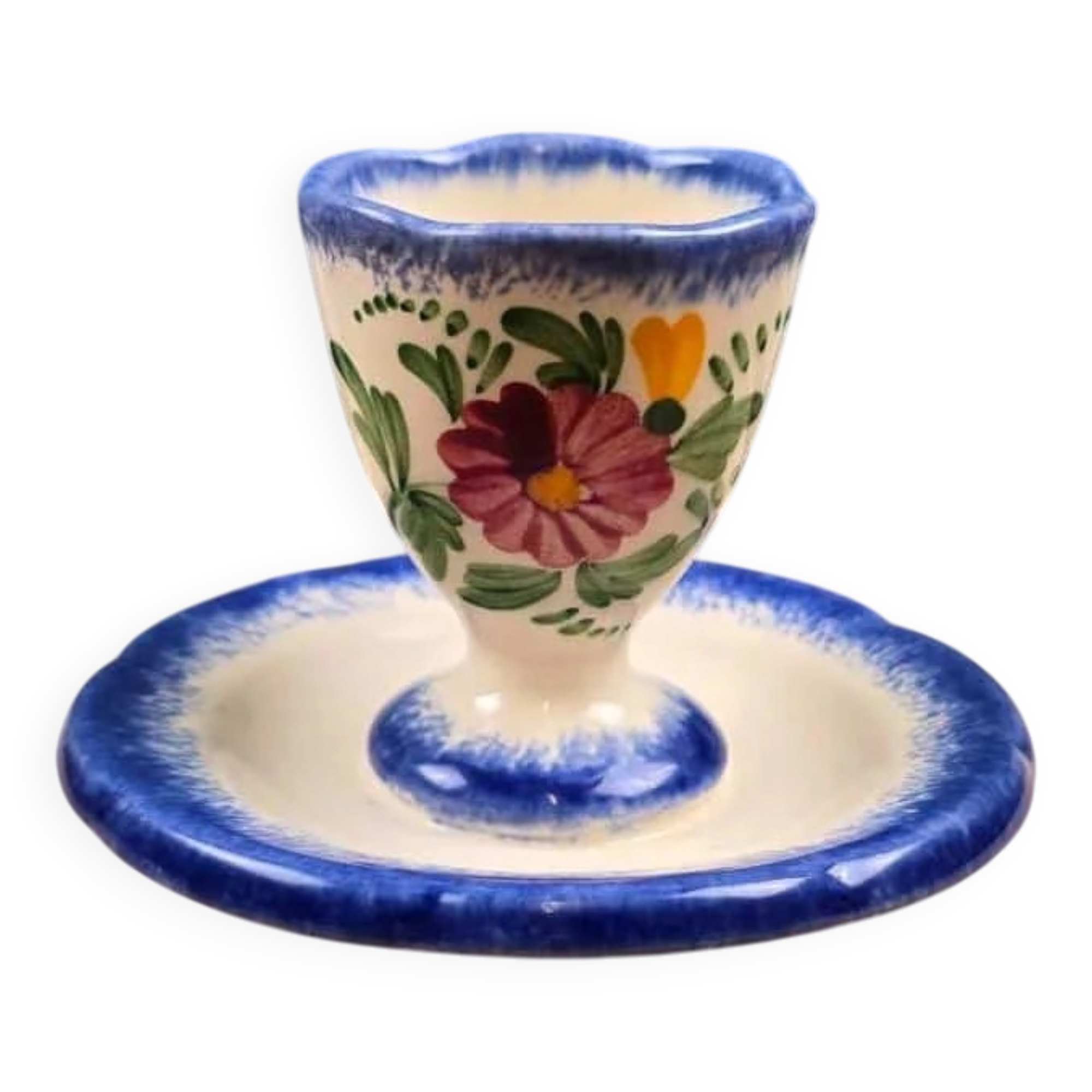 Vintage egg cup with saucer – Handmade – Blue floral decoration