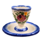 Coquetier vintage avec coupelle – Fait main – Décor floral bleu
