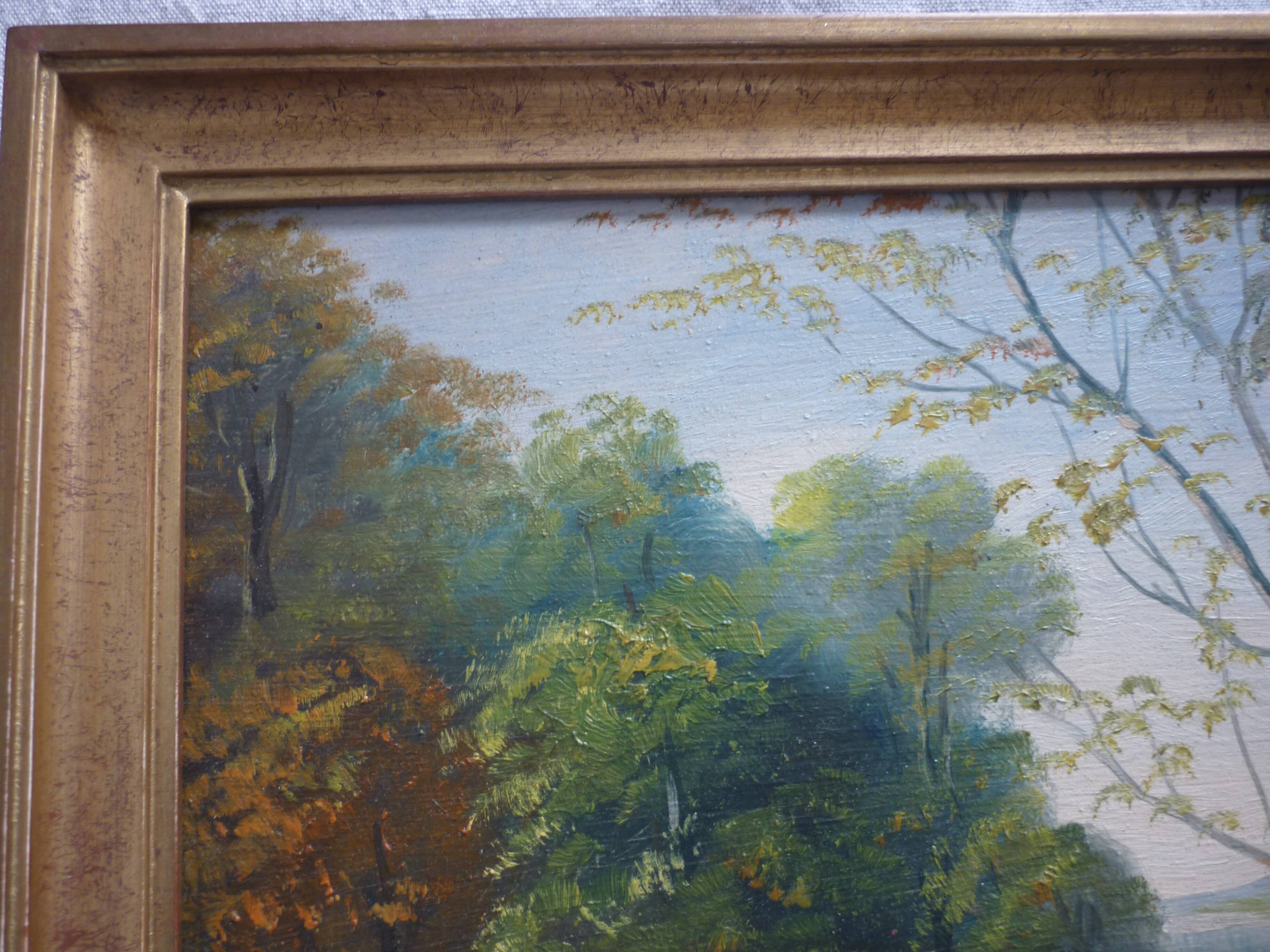 Painted framed lake landscape signed geo rousseau 1967