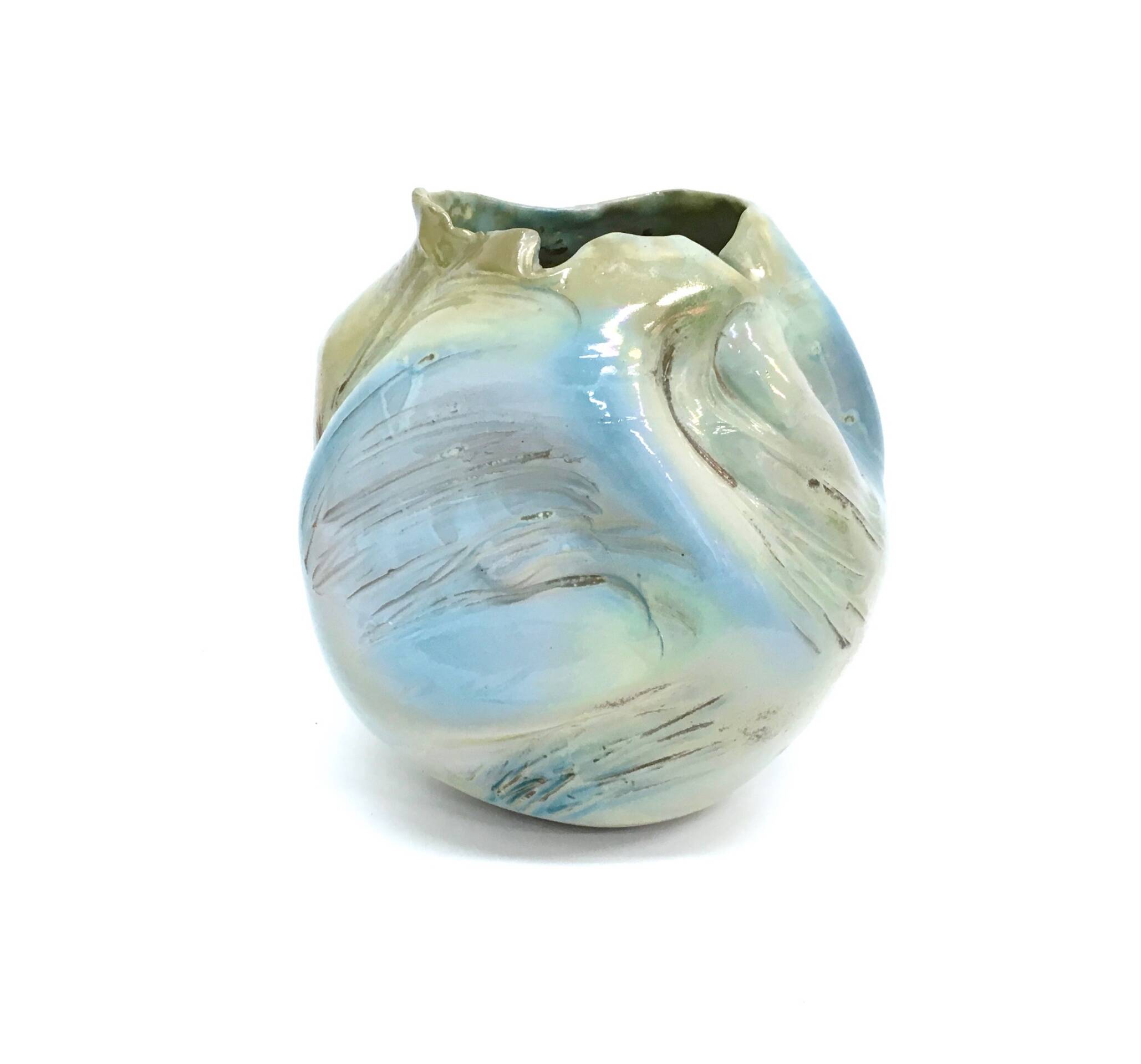 Postmodern Sculptural Hand-Made Iridescent Blue Glazed Earthenware Vase, Italy