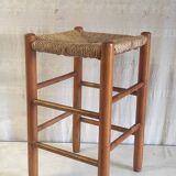 High stool in solid wood and straw - mid. 20th century
