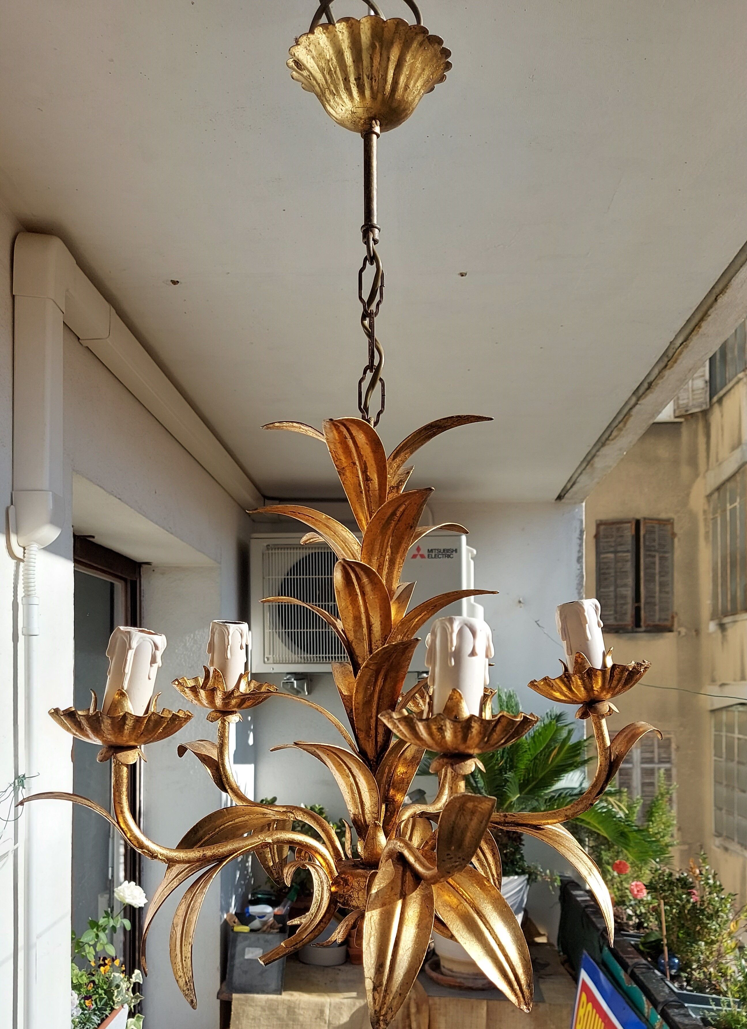 Chandelier gilded metal leaves by Hans Kogl, 1970's