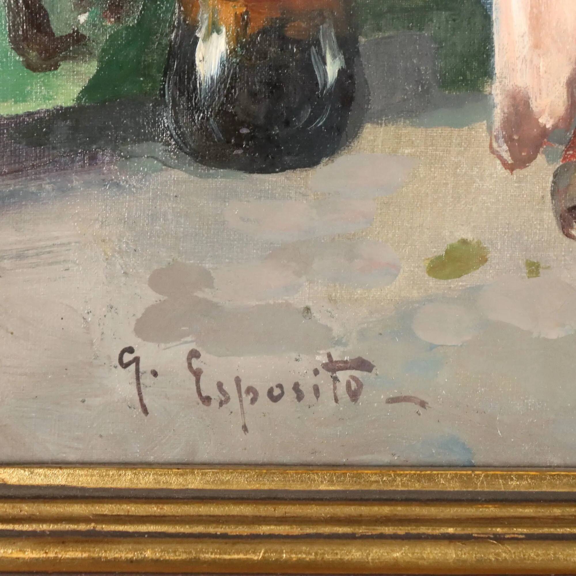 Old painting "The Porch" oil on canvas signed G. Esposito XX Century