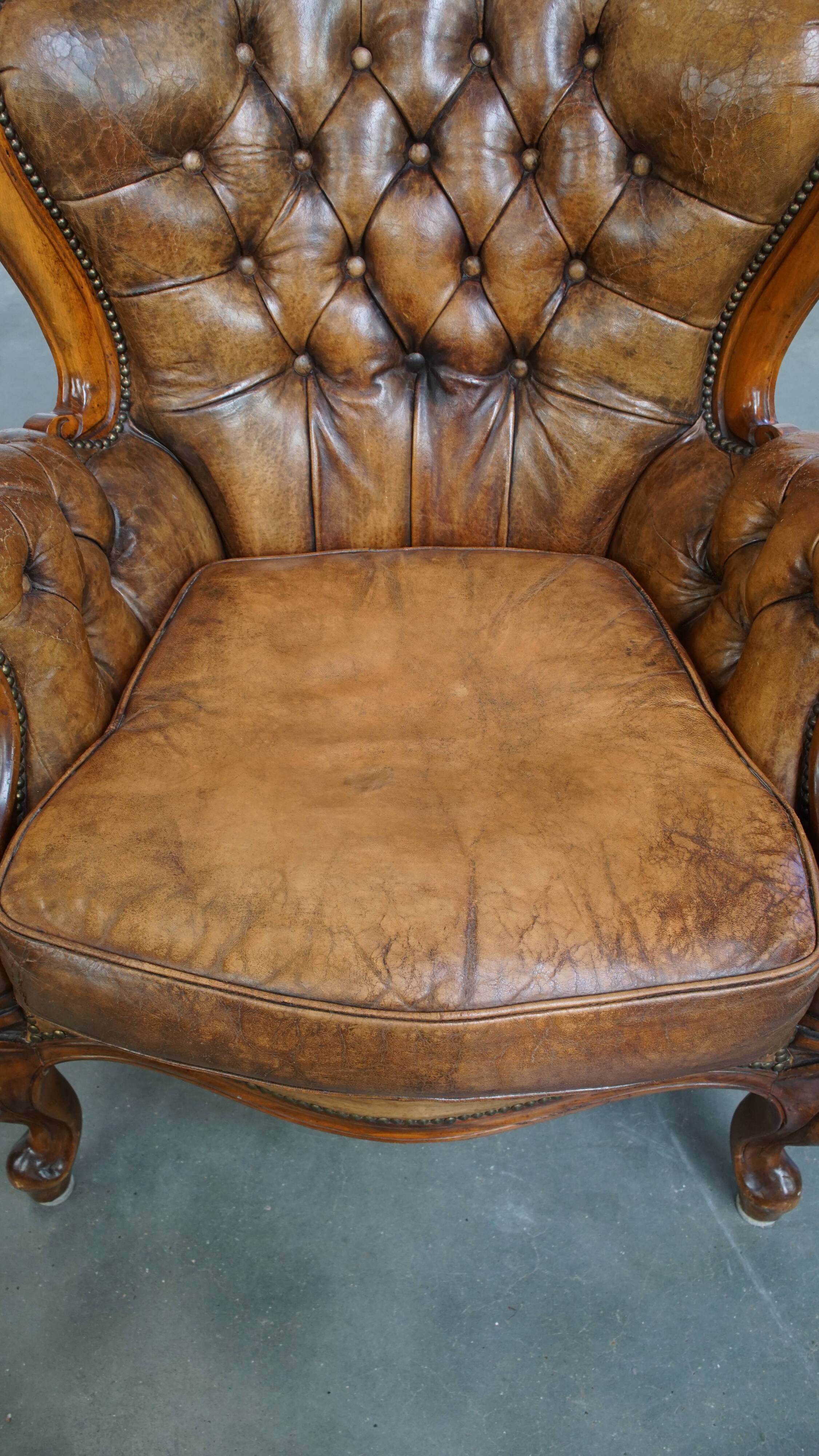 Antique Baroque Sheepskin Leather Chesterfield Armchair