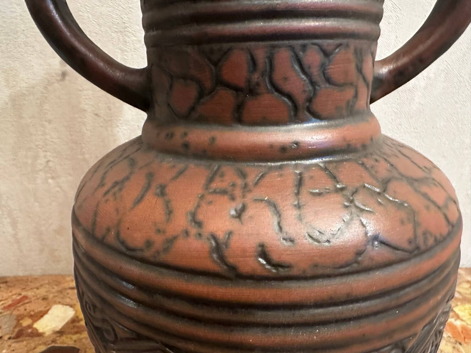 Jasba Vase 5005 - West Germany 60’s - Relief decor, Zoomorphic handles -