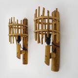 Pair of rattan bamboo lantern wall lights. 1950s-1960s