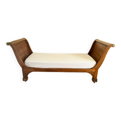 Lit de repos Empire XIXe + matelas neuf couchage 180x73cm, méridienne noyer