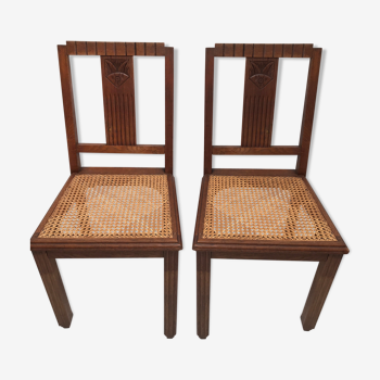 Pair of canne chairs and vintage wood