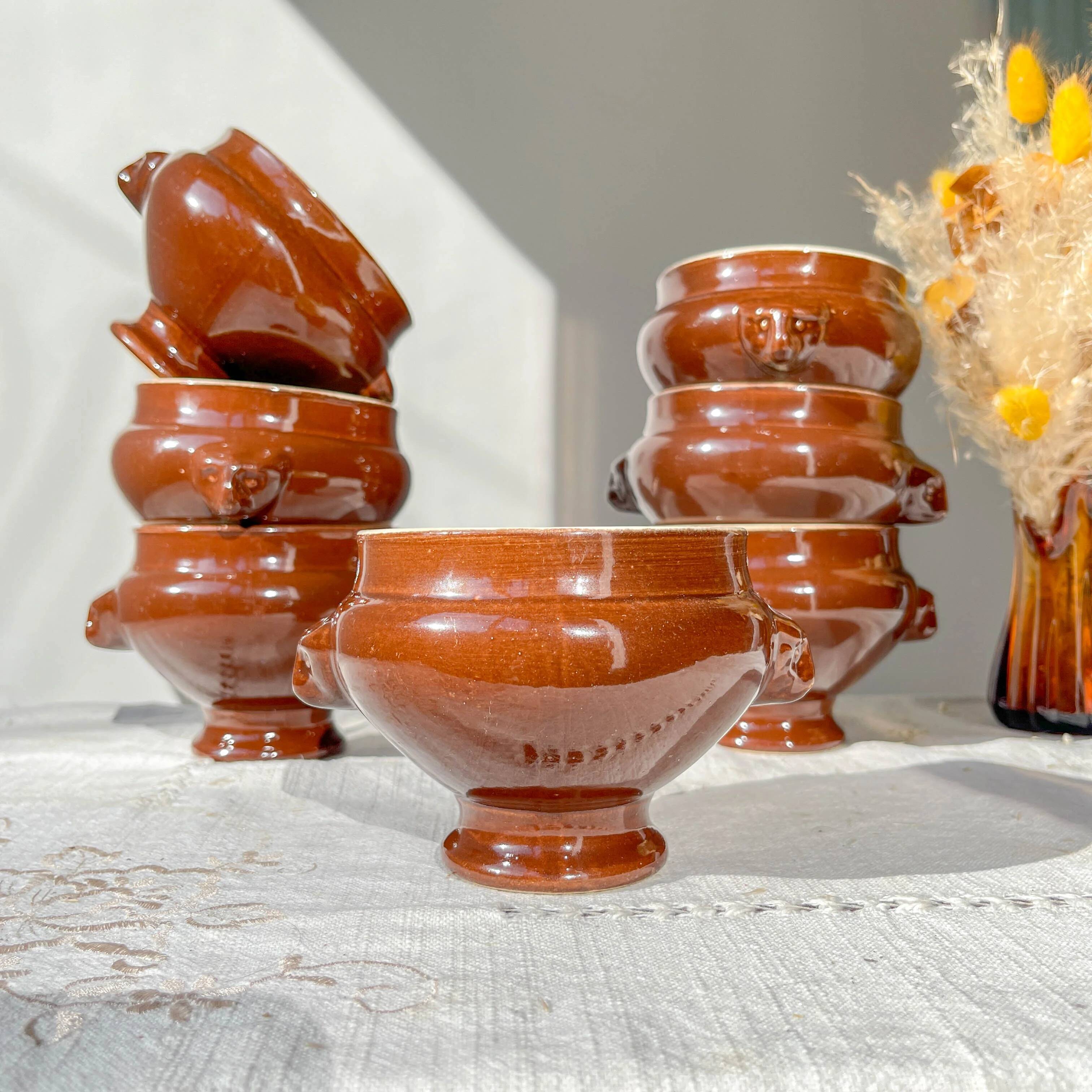 7 vintage Emile Henry ceramic lion head onion soup bowls - brown, made in France