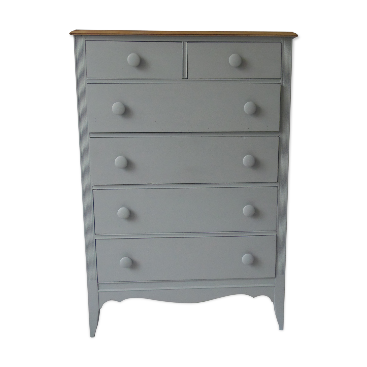 Vintage chest of drawers green gray, 5 drawers, wooden top.