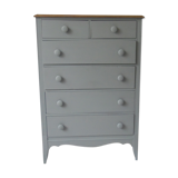 Vintage chest of drawers green gray, 5 drawers, wooden top.
