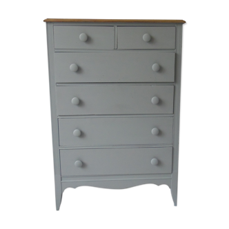Vintage chest of drawers green gray, 5 drawers, wooden top.