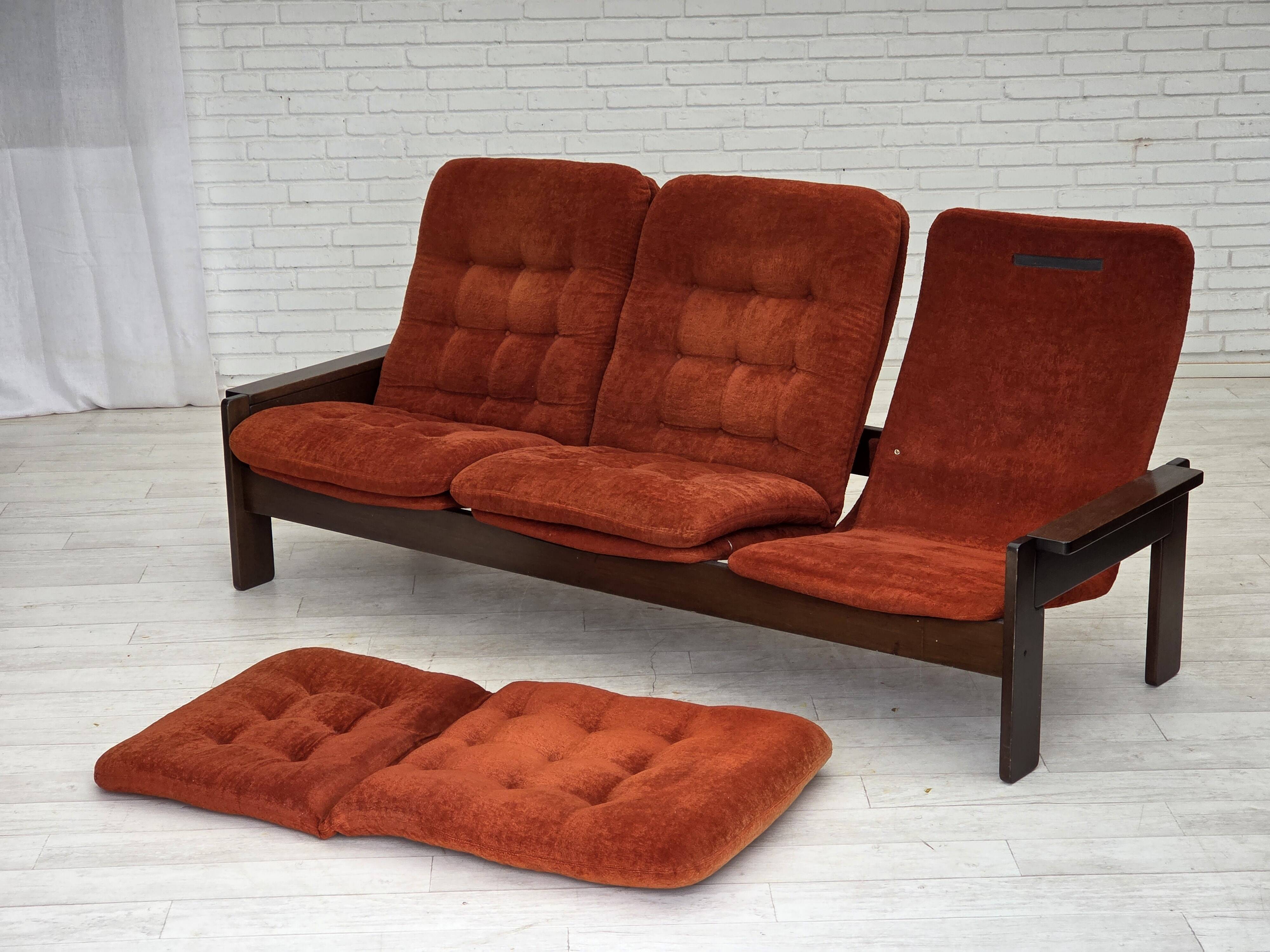 1970s, 3-seater Danish sofa, orange/red furniture velour, oak wood.