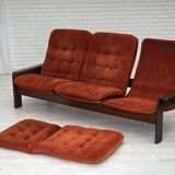 1970s, 3-seater Danish sofa, orange/red furniture velour, oak wood.
