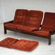 1970s, 3-seater Danish sofa, orange/red furniture velour, oak wood.